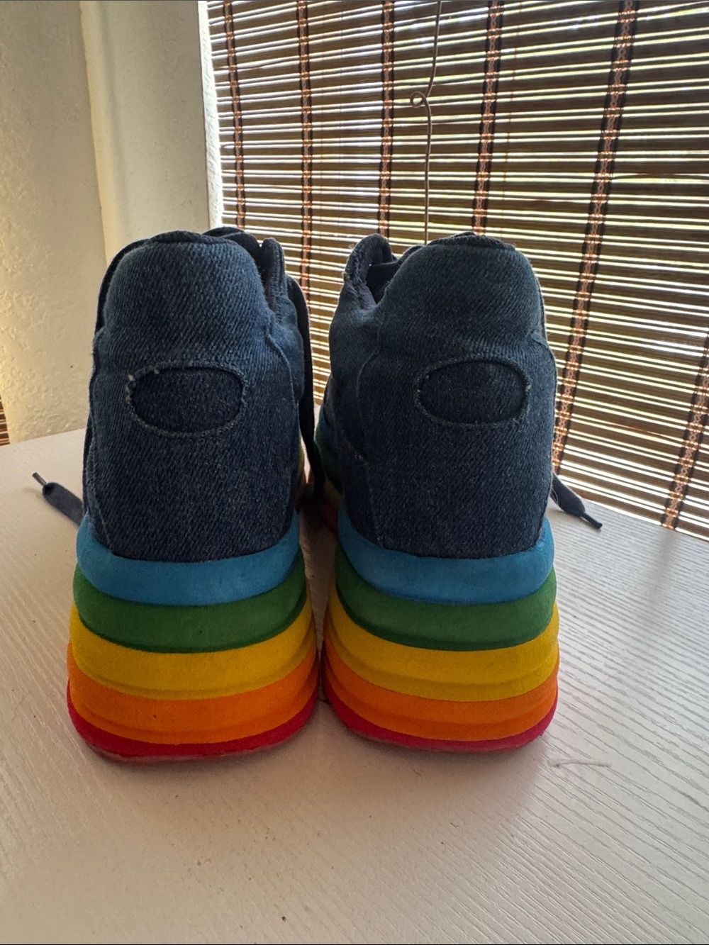 Jeffrey Campbell Navy Denim Platform Sneakers with Rainbow Layered Sole - Picture 4 of 7